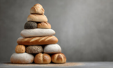 An artistic arrangement of assorted bread rolls stacked into a pyramid on a simple gray background, highlighting the textures and colors of the baked goods.