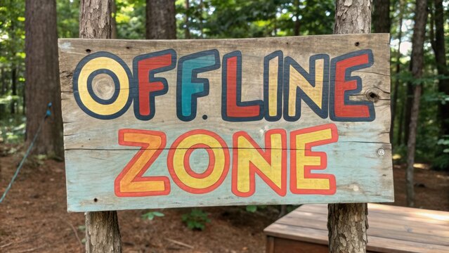 Digital detox camp concept. Rustic sign promoting a digital detox in a wooded area, reading "OFFLINE ZONE.