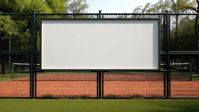 White blank billboard mockup on green chain link fence at tennis court with park background, empty advertising poster frame for digital banner design, marketing promotion display.