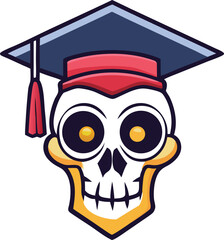 Cartoon skull wearing graduation cap and gown academic education