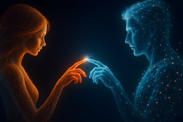 Two ethereal figures reaching for each other in a cosmic embrace, highlighting connection and unity