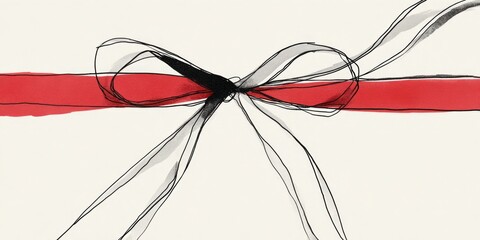 Red ribbon with a black bow on a cream background  