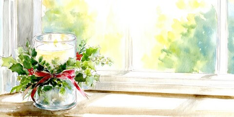 Holiday candle arrangement with greenery on window sill in sunlight  