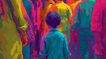 Boy standing among colorful crowd in abstract artistic style  