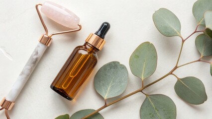 A rose quartz facial roller, amber dropper bottle, and eucalyptus leaves arranged on a light surface for skincare and wellness.