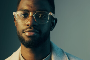 Portrait of a young Black man wearing stylish glasses, showcasing confidence and approachability,...