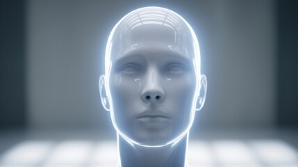 Obraz premium Futuristic humanoid figure with smooth features and glowing edges, set against a minimalist background, representing advanced technology and artificial intelligence concepts