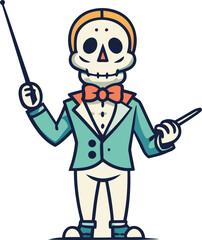 Skeleton conductor with bow tie and baton music