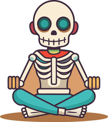 Skeleton meditating in lotus pose with teal pants meditation yoga