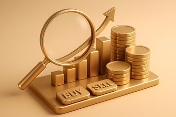 Golden magnifying glass over financial growth chart with buy sell buttons