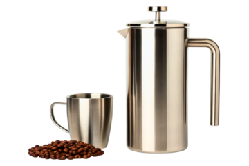Stainless steel press coffee maker with mug and beans isolated with transparent background
