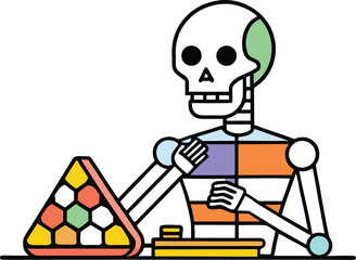 Skeleton playing pool with colorful balls billiards rack