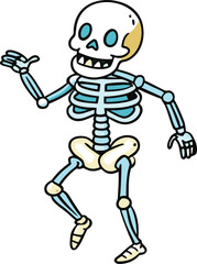 Cartoon skeleton dancing with blue bones and beige joints vector