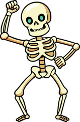 Cartoon skeleton dancing with raised fist and bent knees bones human anatomy