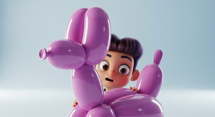 A curious cartoon boy hiding behind a lilac balloon dog with wide-eyed wonderment