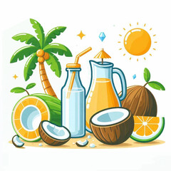 Cartoonstyle illustration of tropical scene with coconuts drinks palm tree and sun