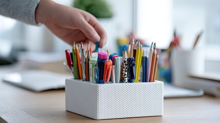 Hand reaching into a white pencil holder filled with colorful pens and pencils on a desk