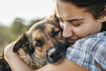 Veterinarian embracing a mixed breed dog with affection outdoors