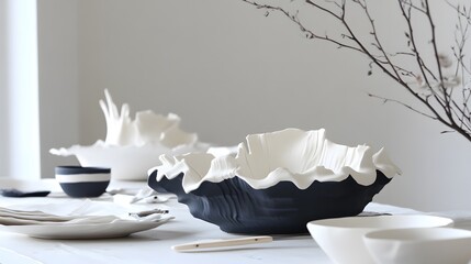 Elegant Black and White Ceramic Bowls Table Setting