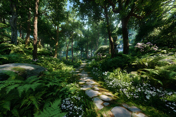 Lush foliage and towering trees in a serene park setting with vibrant summer hues and clear blue sky