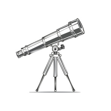Telescope illustration against black backdrop Astronomy tool with tripod for observing sky space stars Science education equipment concept