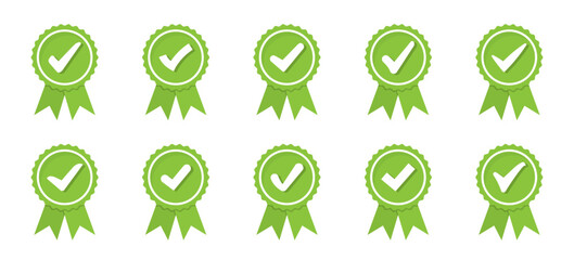 Checkmark badges set with green quality ribbons and certification icons for approved and verified products or services