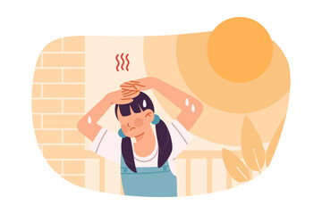 Young girls block the sunlight on a hot summer day with her hand illustration. Flat design, cartoon vector isolated on white background