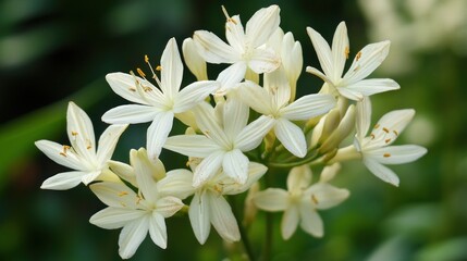 Fototapeta premium Close-up of delicate white flowers with yellow stamens against a blurred green background.