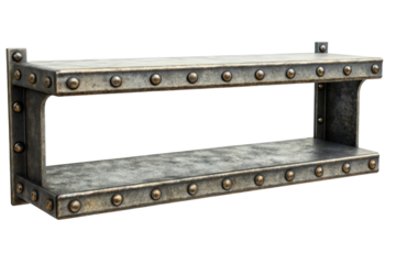 Industrial style double wall shelf made of riveted metal isolated with transparent background