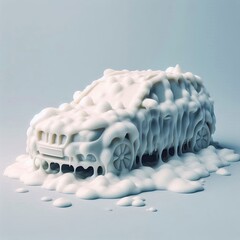 Creative car wash experience showcasing a vehicle covered in thick foam