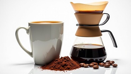 Brewing coffee with a pour-over method using fresh grounds and a ceramic mug
