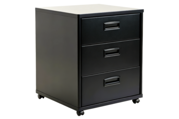 Black mobile three drawer metal filing cabinet for the office isolated with transparent background