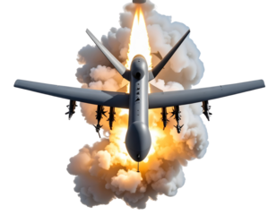  Top-Down View of Combat Drone Launching Missile, Flame Trail Visible, 3D PNG