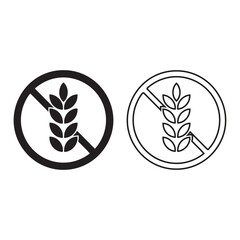 Set of two gluten-free icons, black solid and outline styles with crossed grain symbol, flat design for dietary restrictions and food labeling