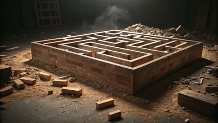 Disruptive business crisis concept. A wooden maze surrounded by scattered bricks in a dimly lit environment.