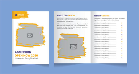 Fototapeta premium Modern school admission trifold brochure design, kids academy brochure template or corporate trifold brochure layout. Kids back to school education admission banner template