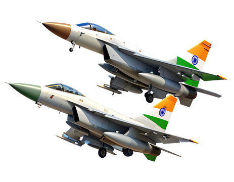  Low Angle View of Twin MiG-21 Jets Lifting Off Synchronously, Clear Sky, IAF Markings, 3D Illustration