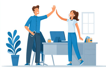 Coworkers high five in modern office, celebrating success. Vector illustration for marketing, web, design.
