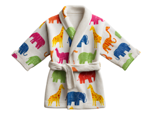 Children’s bathrobe with colorful animal print pattern isolated on transparent background