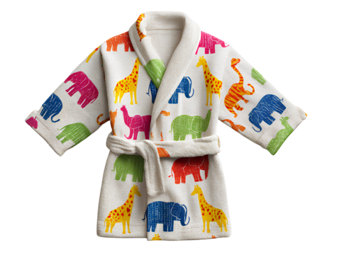 Children’s bathrobe with colorful animal print pattern isolated on transparent background