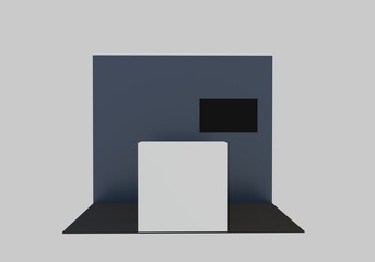 Blank exhibit stand mockup, fair stand. Blank indoor exhibition with work paths. Blank trade exhibition booth system stand.	