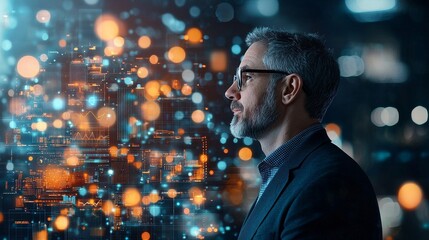 Innovative business strategy urban office digital art nighttime profile view data-driven concepts