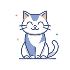 Cute cartoon cat with closed eyes, blue and white fur sitting on dark background