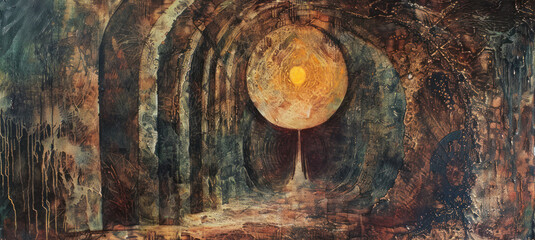 Abstract mystical composition in dark tones, depicting a tunnel or ancient archway, at the end of which a symbolic sun or energy sphere shines.  