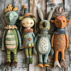 A charming composition of four handmade textile toys, made in the style of Scandinavian boho or a forest fairy tale.  