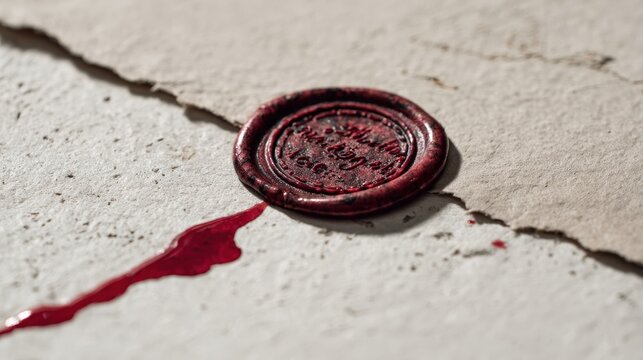 A close-up of a vintage red wax seal on cracked parchment paper with a blood-like stain spreading from it. - Powered by Adobe