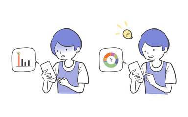スマートフォンで家計簿アプリを使って収支を確認する男性の表情変化のベクターイラスト｜男性,スマホ,節約,家計,分析,収支,理解,驚き,納得