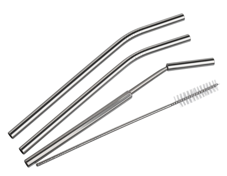 Reusable stainless steel straws with cleaning brush, isolated on a transparent background
