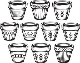 Hand Drawn Boho Terracotta Pot Vector Set with Floral and Patterned Designs
