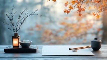 Autumn serenity meditative space with lantern and ink cozy room still life soft light peaceful vibes